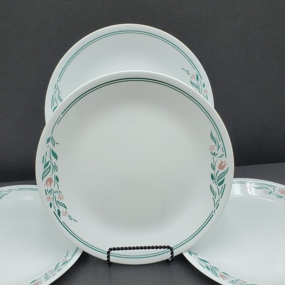 Corelle Rosemarie Dinner Plates Pink Mauve Flowers Green Leaves Trim Band - Picture 1 of 5